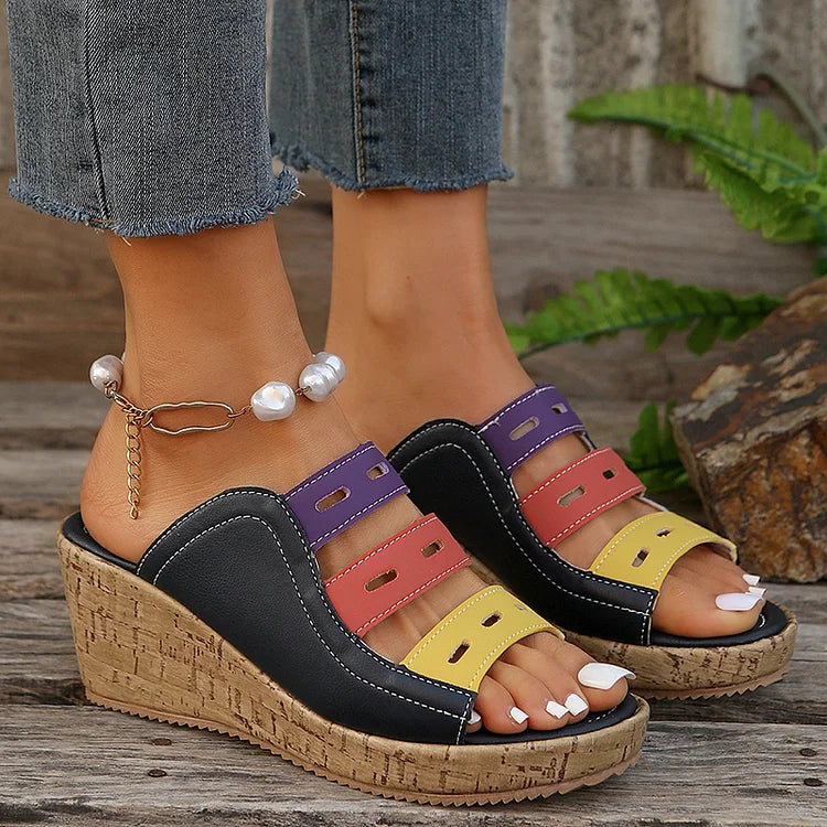 Color Block Quilted Hollow Out Peep Toe Wedge Slippers