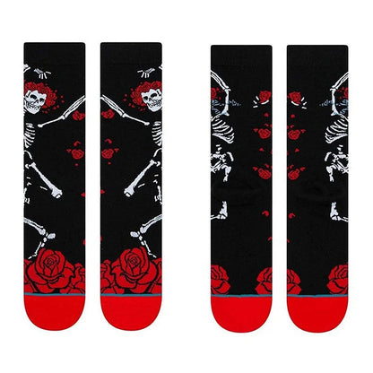 Halloween Rose Skeleton Dancing Print Mid Calf Socks