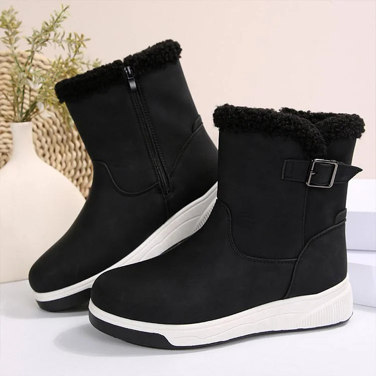 Patchwork Round Toe Strap Buckle Decor Fleece Lined Snow Boots