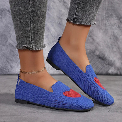 Heart Print Square Toe Knit Breathable Casual Slip Flats