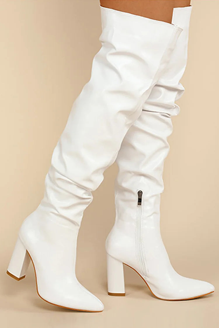 Pointed Toe Chunky Heel Zipper Solid Plain Over The Knee Boots