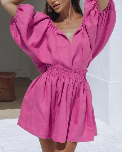 Pink cotton and linen puff sleeve short skirt two-piece set
