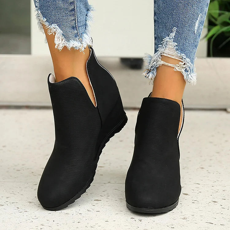 V Cut Solid Color Round Toe Wedge Heel Slip On Ankle Boots