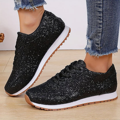 Fashion Glitter Sequin Lace Up Round Toe Solid Sneakers