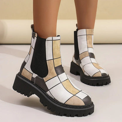 Round Toe Multicolor Print Patchwork Chunky Heel Ankle Boots