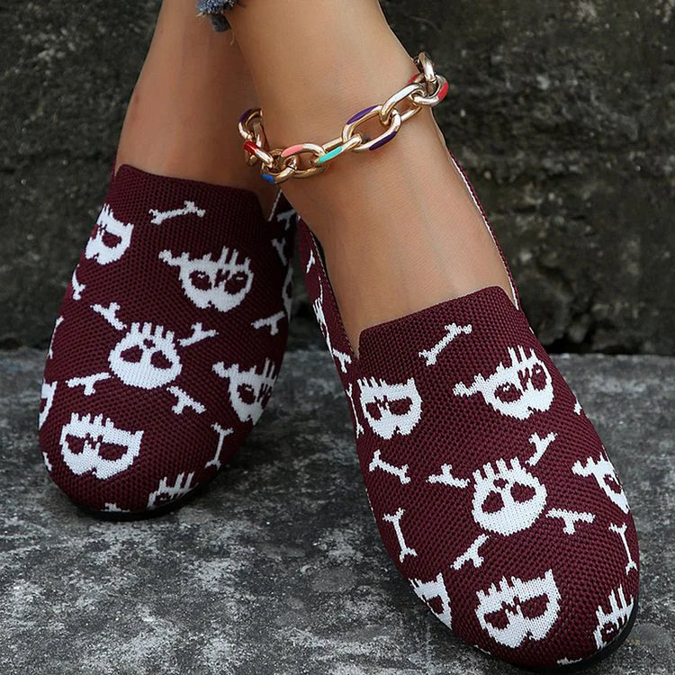 Halloween Skull Pattern Print Round Toe Slip On Loafers