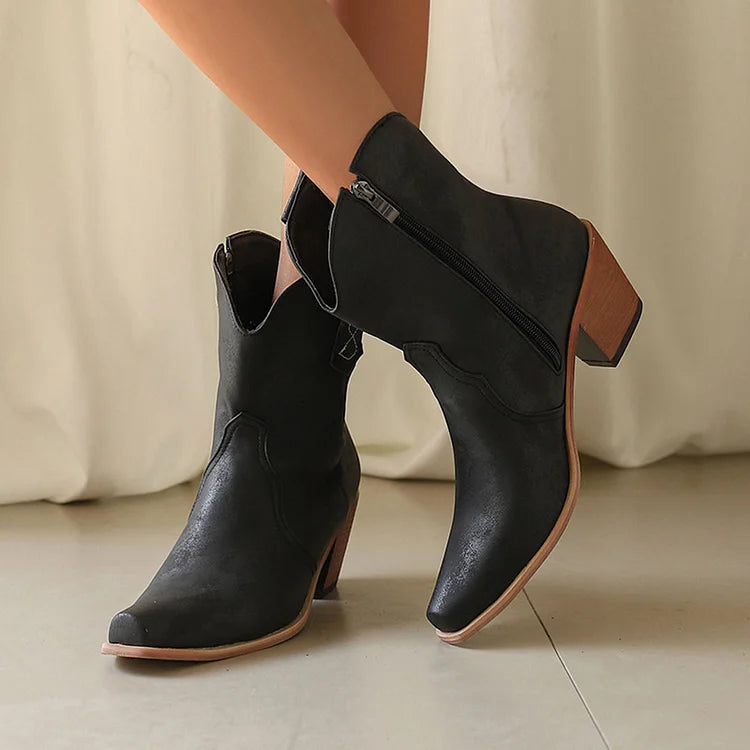 Patchwork Pointed Toe Chunky Heel Zipper Western Boots