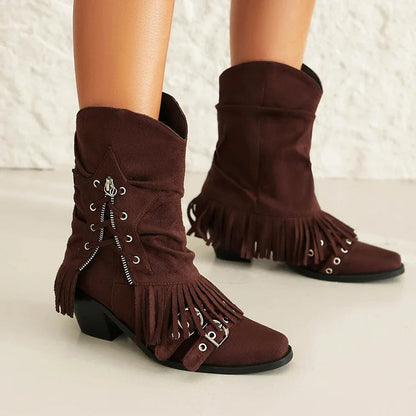 Fold Over Fringed Trim Zipper Pointed Toe Chunky Heel Western Boots