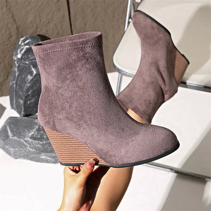 Solid Color Round Toe Wedge Heel Pull On Ankle Boots