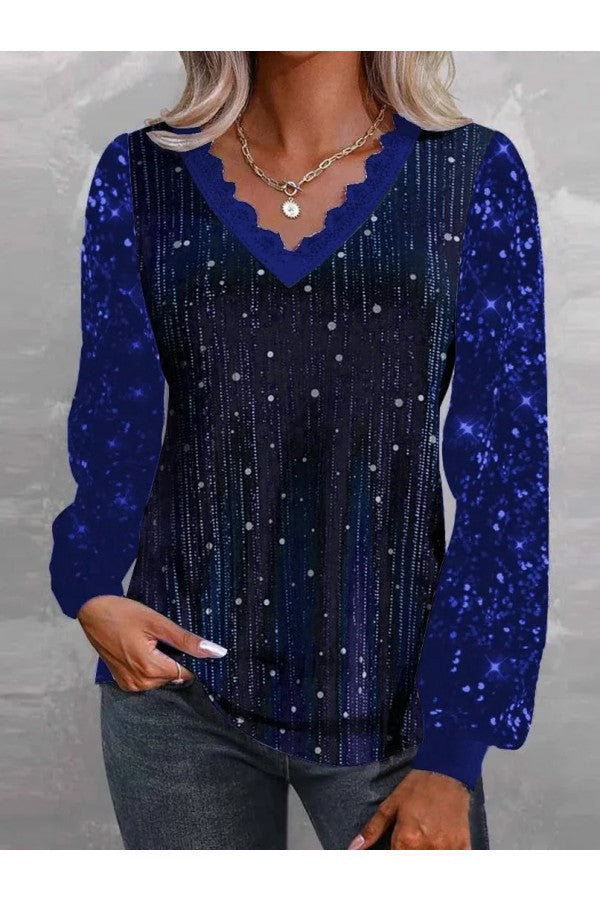 Casual Vintage Sequins V Neck Long Sleeve Loose Blouse