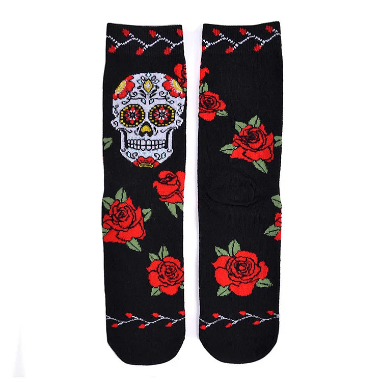 Halloween Bloody Skeleton Rose Floral Print Mid Calf Socks