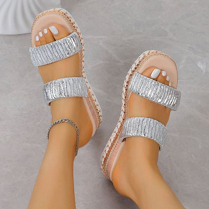 Textured Pleated Design Round Toe Plain Instep Straps Platform Slippers