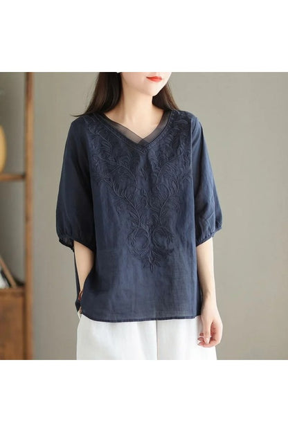 Floral Embroidery V-neck Loose Casual Shirt