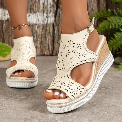 Openwork Cut Out Ankle Strap Buckle Peep Toe Wedge Sandals