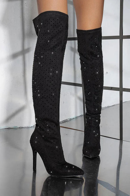 Rhinestone Decor Pointed Toe Stiletto Heel Over The Knee Boots