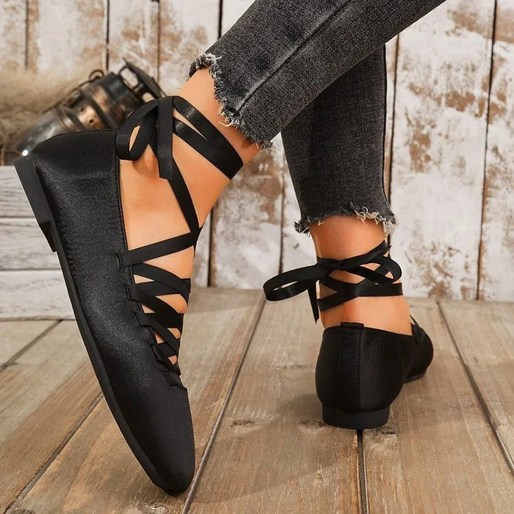 Satin Solid Color Crossover Lace Up Square Toe Flats