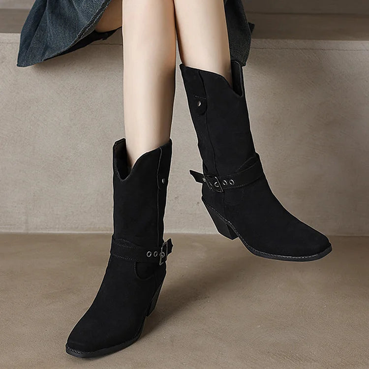 Patchwork Strap Buckle V Cut Square Toe Chunky Heel Mid Boots