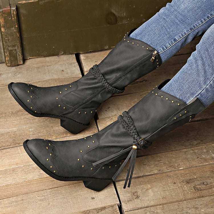 Metallic Studded Braided Strap Decor Pointed Toe Chunky Heel Mid Calf Boots