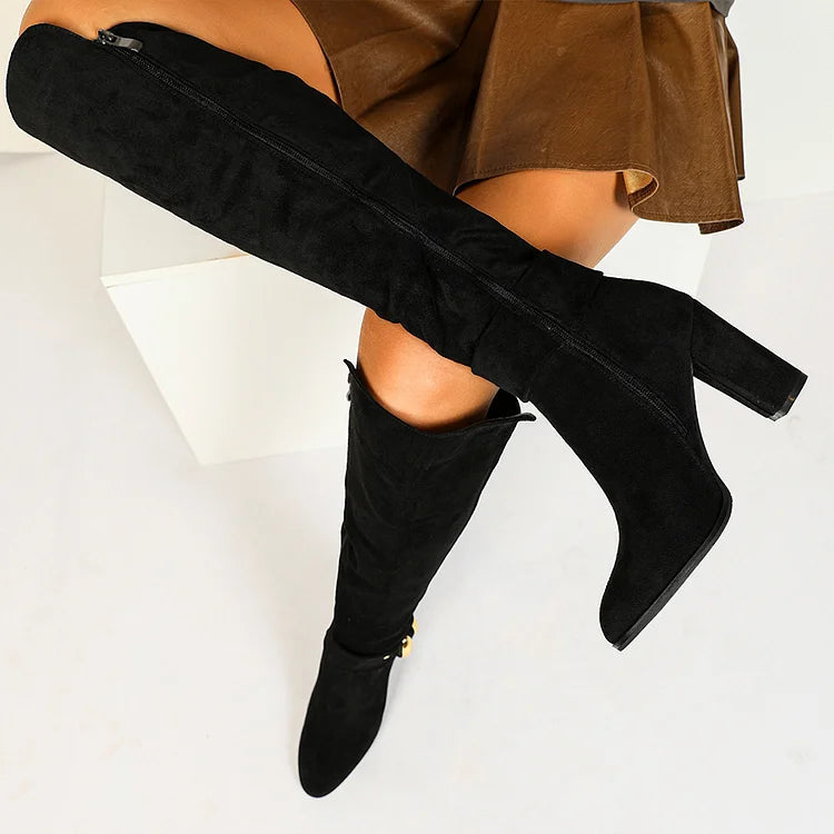 Irregular Metal Decor Pointed Toe Chunky Heel Zipper Knee High Boots