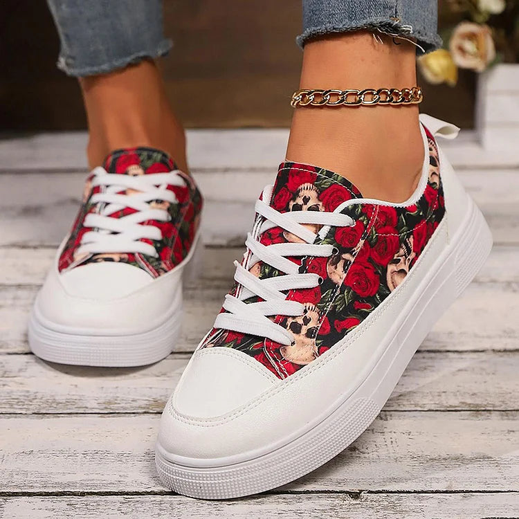 Halloween Skull Rose Colourful Floral Print Lace Up Casual Shoes