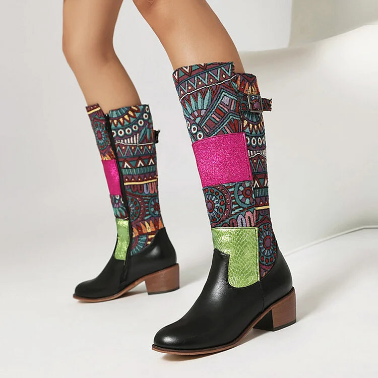 Colorblock Patchwork Tribal Pattern Round Toe Mid Calf Boots