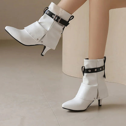 Colorblock Strap Buckle Fold Over Pointed Toe Kitten Heel Ankle Boots