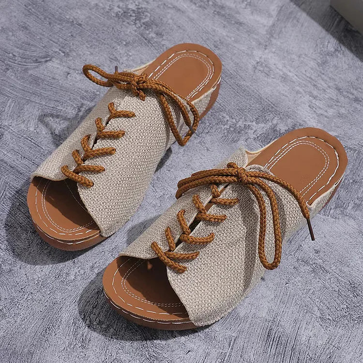 Casual Lace Up Quilted Peep Toe Canvas Wedge Slippers