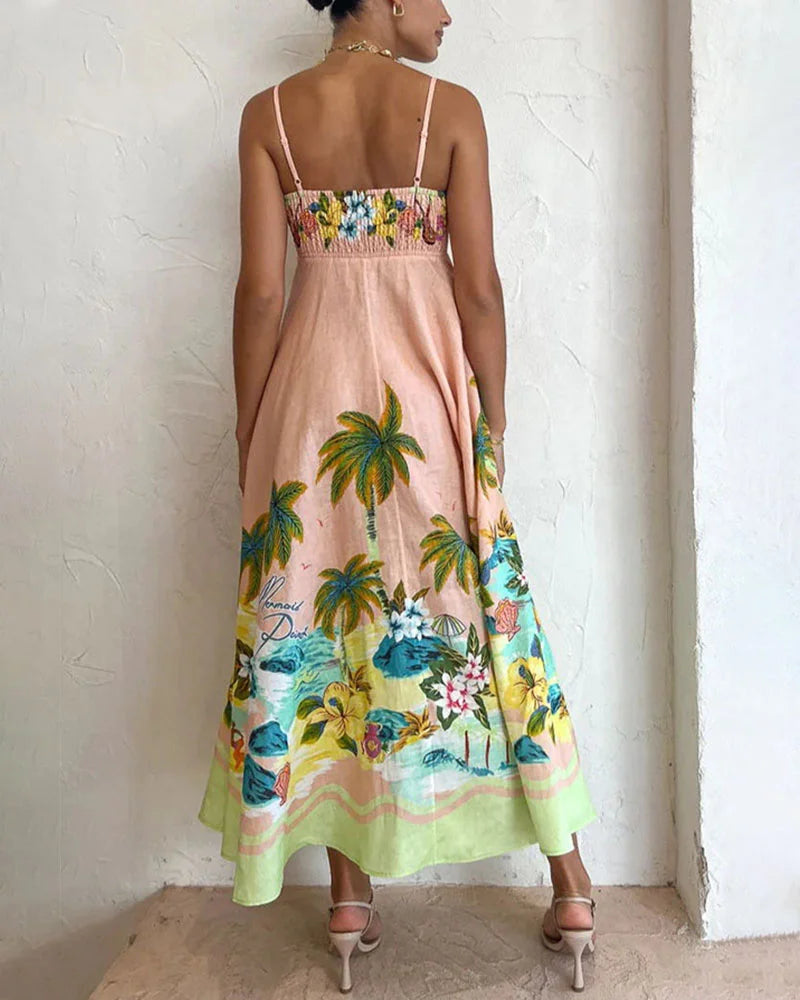 Vestido de fiesta informal con estampado de cabestrillo de cintura alta de verano 