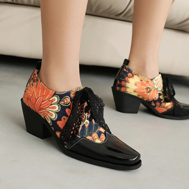 Tied Up Lace Leopard Print Patchwork Square Toe Chunky Heel Oxfords