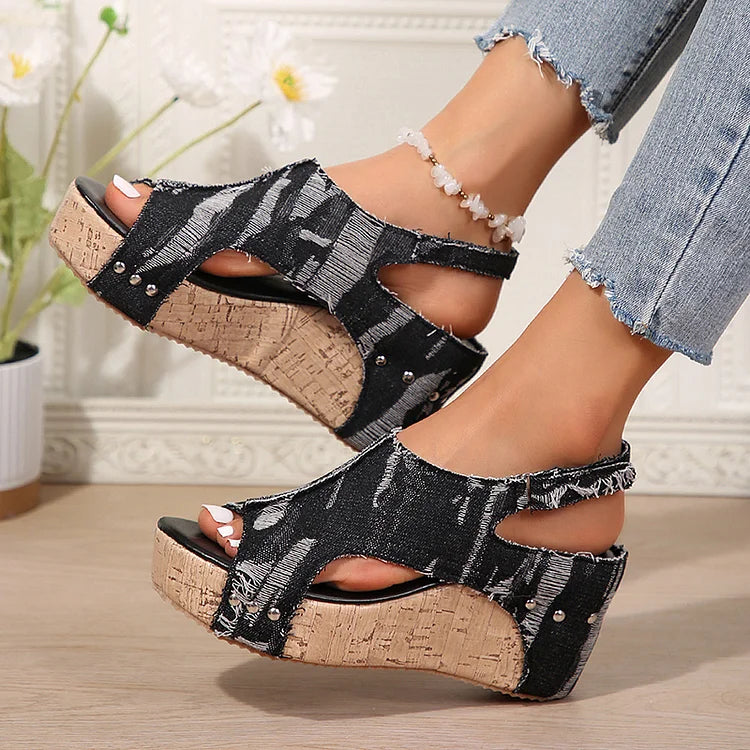 Denim Ripped Rivet Decor Cutout Slingback Strap Platform Wedge Sandals