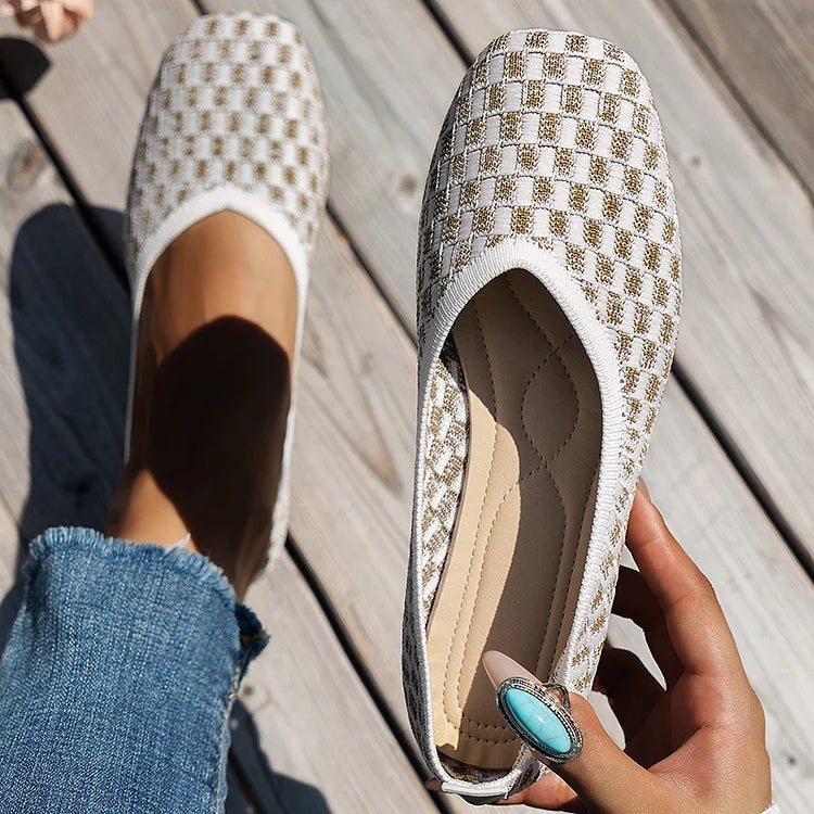 Square Toe Plaid Pattern Casual Slip On Flats