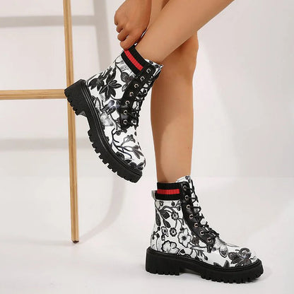 Floral Print Patchwork Lace Up Round Toe Chunky Heel Ankle Boots