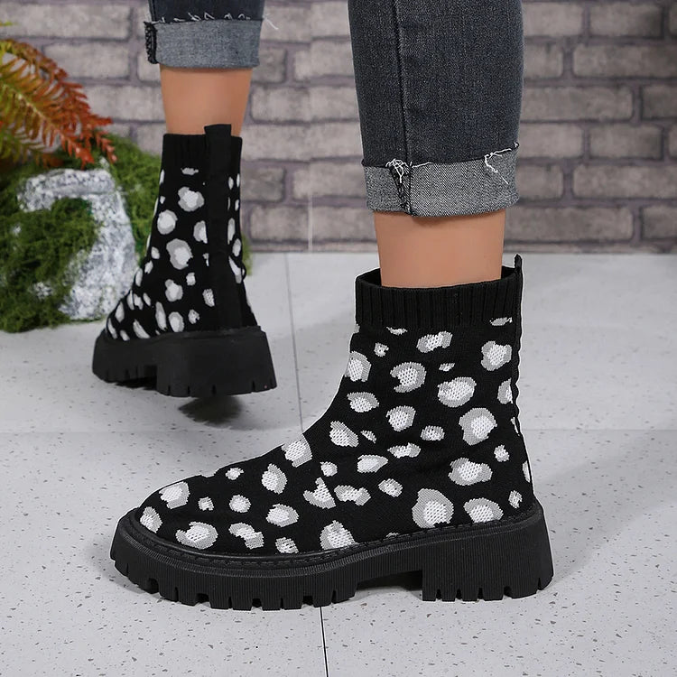 Colorblock Knitted Leopard Pattern Round Toe Chunky Heel Ankle Boots