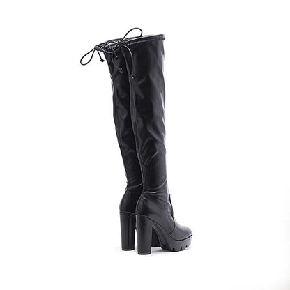 Tied Up Patchwork Round Toe Chunky Heel Plain Over The Knee Boots