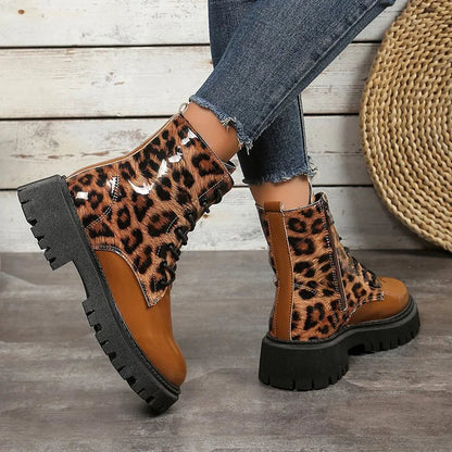 Patchwork Leopard Print Round Toe Chunky Heel Lace Up Mid Boots