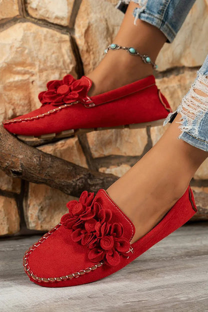 3D Flower Decor Round Toe Solid Color Stitch Detail Loafers