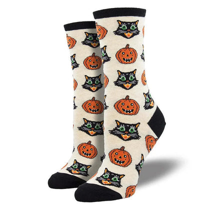 Halloween Maple Leaf Pumpkin Witch Owl Skeleton Print Mid Calf Socks