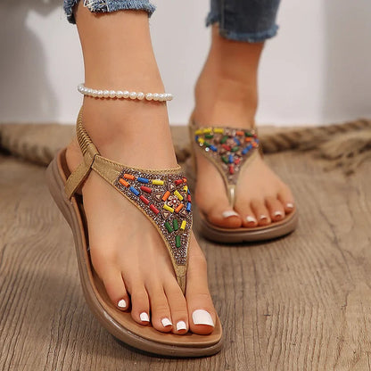 Retro Rhinestone Colourful Beads Decor Elastic Band Flip Flops Sandals