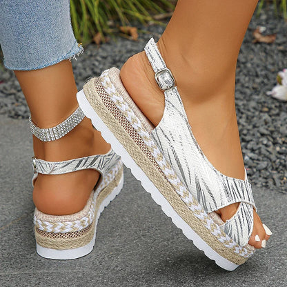 Bronzing Cross Slingback Strap Buckle Peep Toe Espadrille Platform Sandals