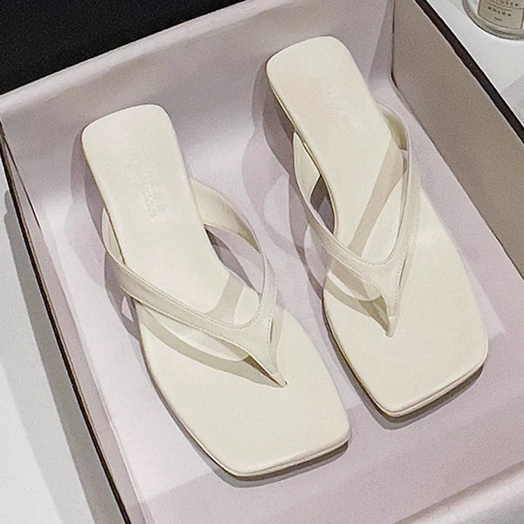 Elegant Plain Square Toe Slides Flip Flops Kitten Heels