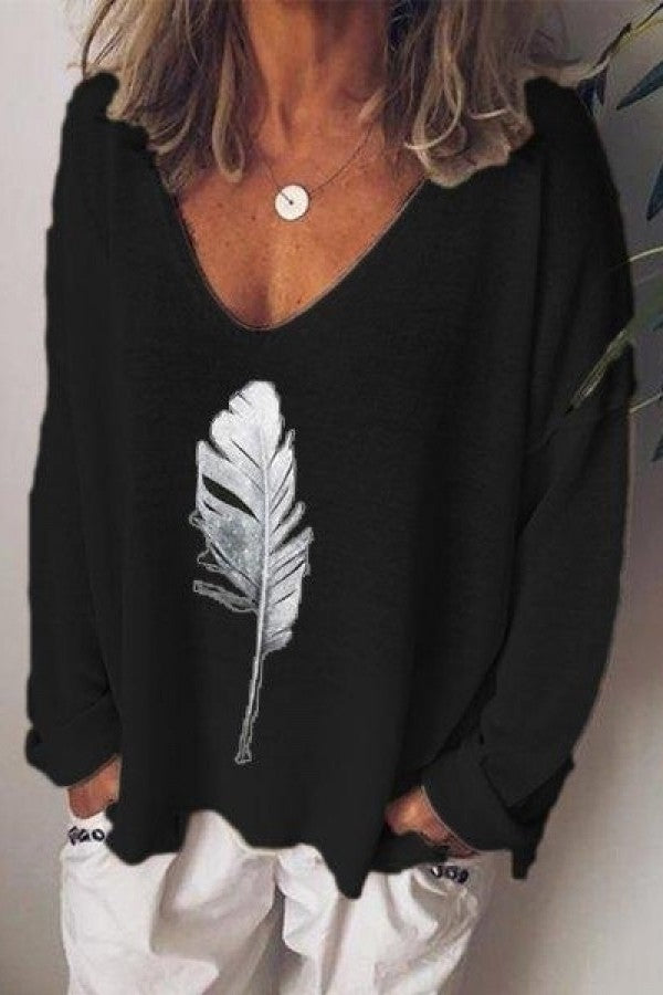 Women's V-neck Feather Print Long Sleeves Blouse