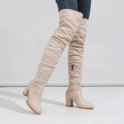 Patchwork Solid Plain Round Toe Chunky Heel Over The Knee Boots