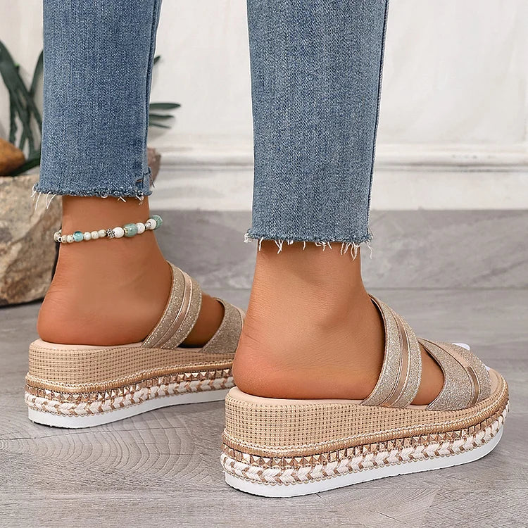 Shimmering Patchwork Studded Decor Seam Platform Wedge Slippers