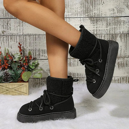 Patchwork Round Toe Lace Up Low Platform Snow Boots