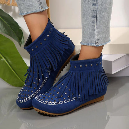 Metal Rivets Round Toe Fringed Trim Zipper Ankle Boots