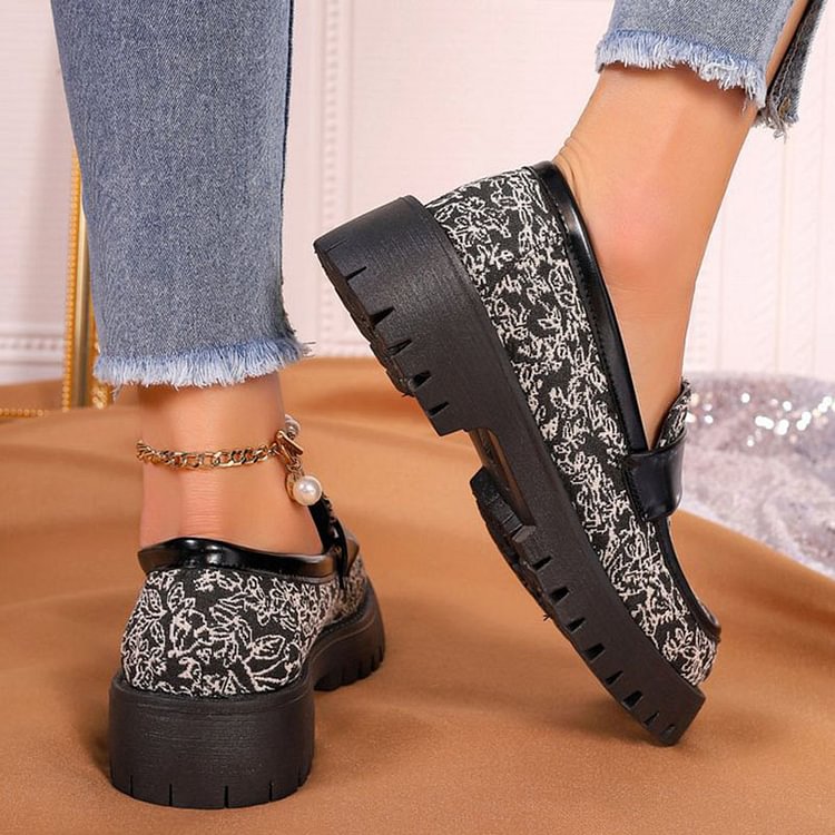 Allover Print Patchwork Round Toe Platform Muffin Loafers