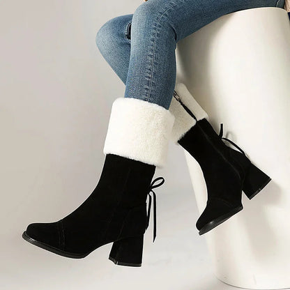 Christmas Colorblock Fluffy Trim Lace Up Square Toe Chunky Heel Mid Boots