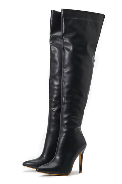 Solid Color Zipper Pointed Toe Stiletto Heel Over The Knee Boots