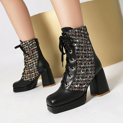 Patchwork Square Toe Chunky Heel Lace Up Mid Calf Boots