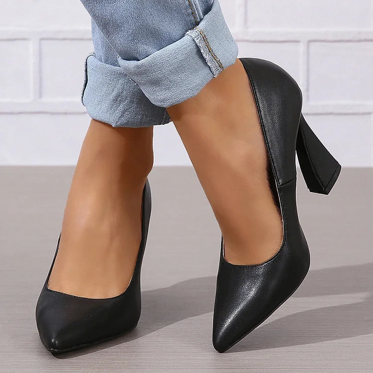 Casual Solid Color Pointy Toe Slip On Chunky Heels